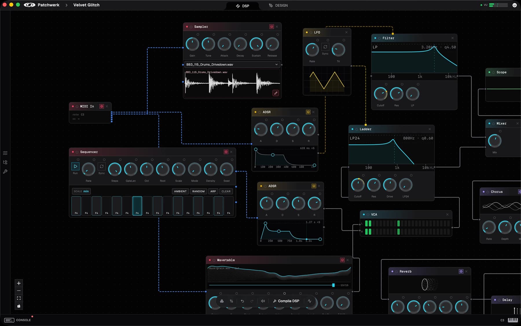 The Patchwerk DSP graph — oscillators, samplers, filters and modulation wired on one canvas